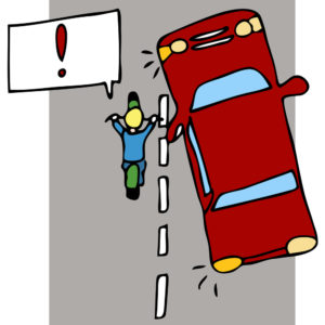 Check Your Mirrors & Blind Spots Cartoon of car driver merging into a left lane where there's a motorcyclist.