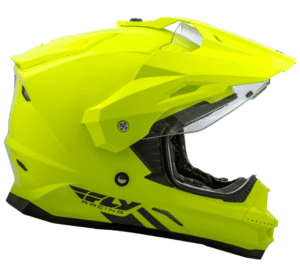 Side view of a yellow motorcycle helmet with visor