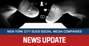 News Update - New York City Files Social Media Lawsuit - image of thumbs typing on a glowing cell phone, likes and notifications flying above it